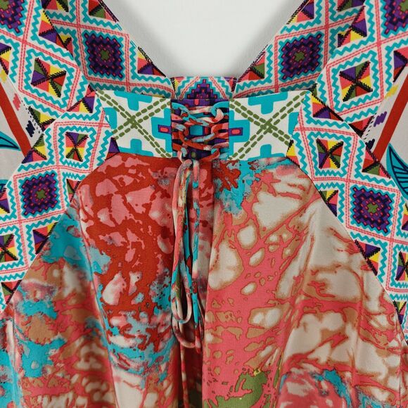 Tibi Eclectic Patterns V-Neck Short Sleeves 100% Silk Blouse Size 4 Boho Artsy - Picture 5 of 8